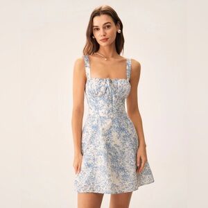 Rihoas Blue Floral Ruched Slip Corset Mini Dress